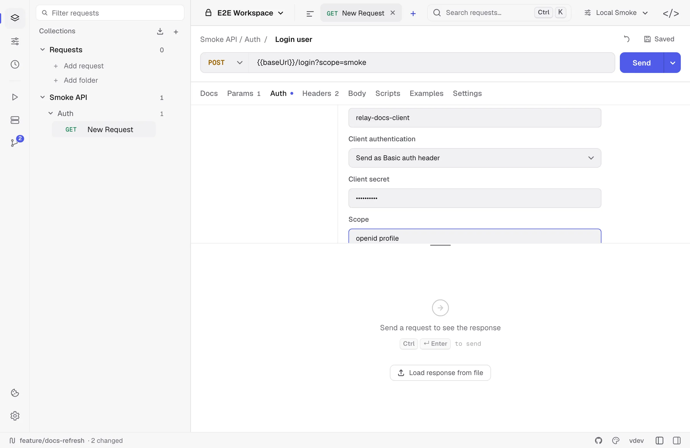 OAuth 2.0 Client Credentials form with token controls