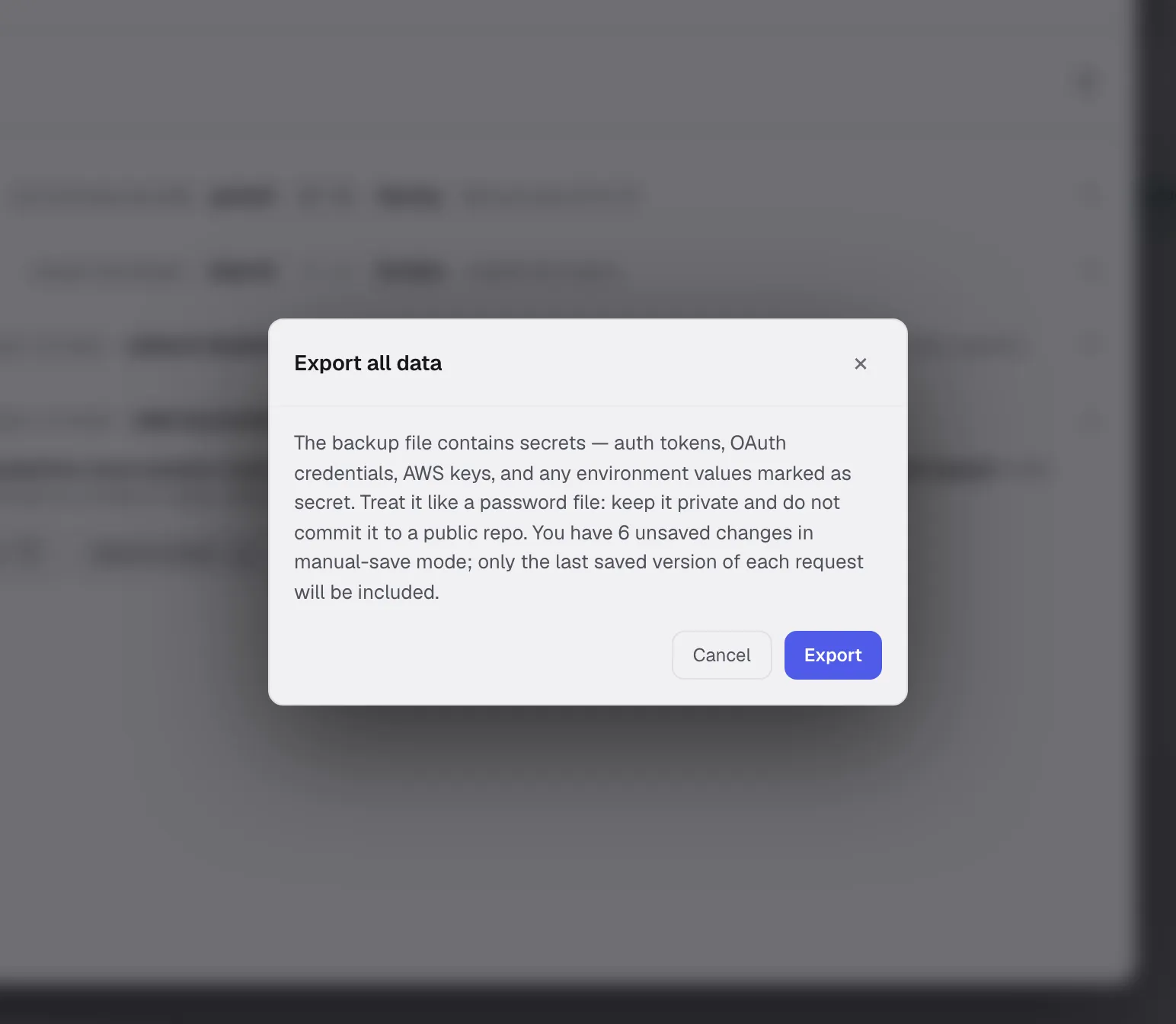 Export confirmation warning that the backup contains secrets and excludes unsaved changes