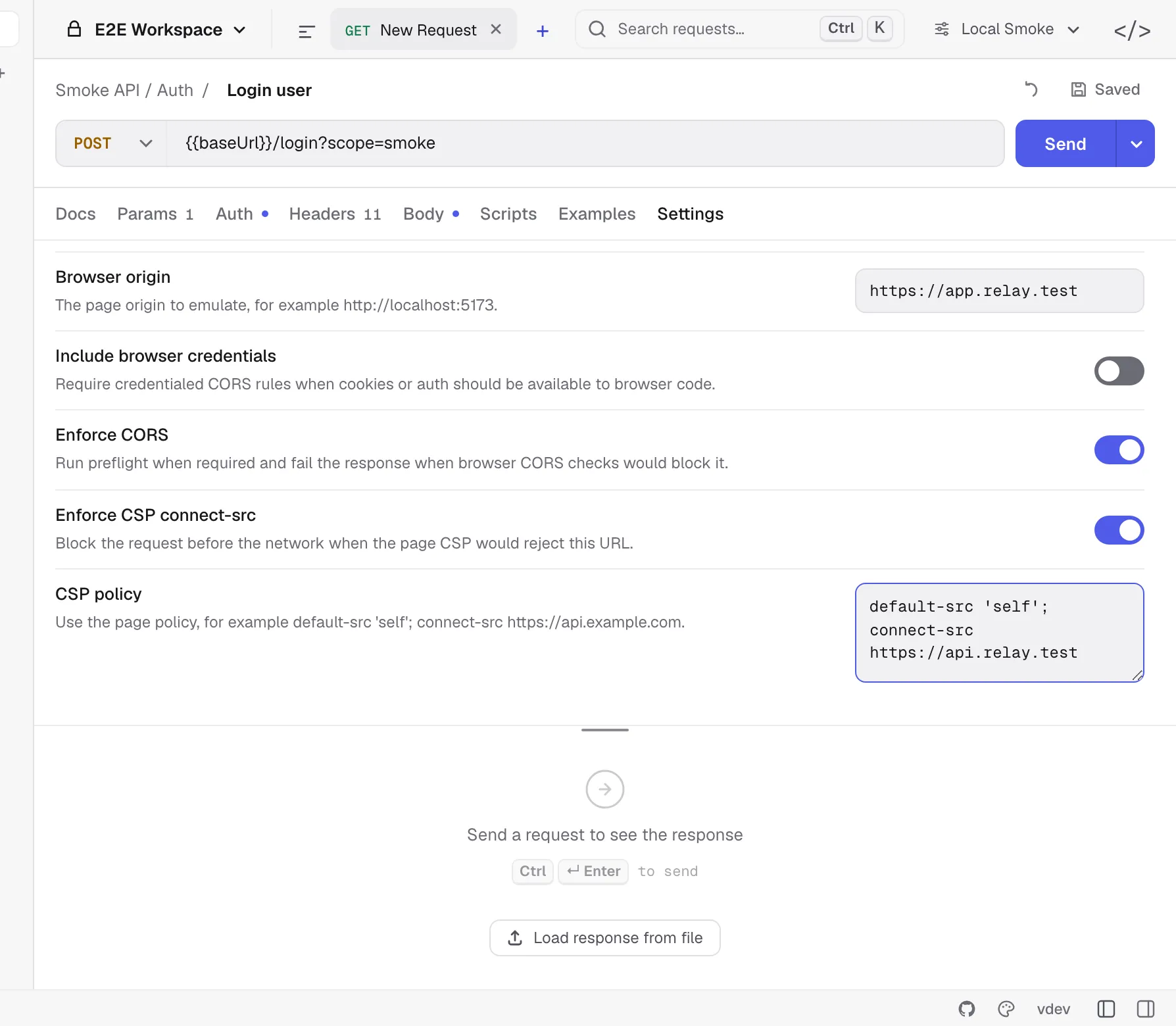 Browser security controls in the request Settings tab