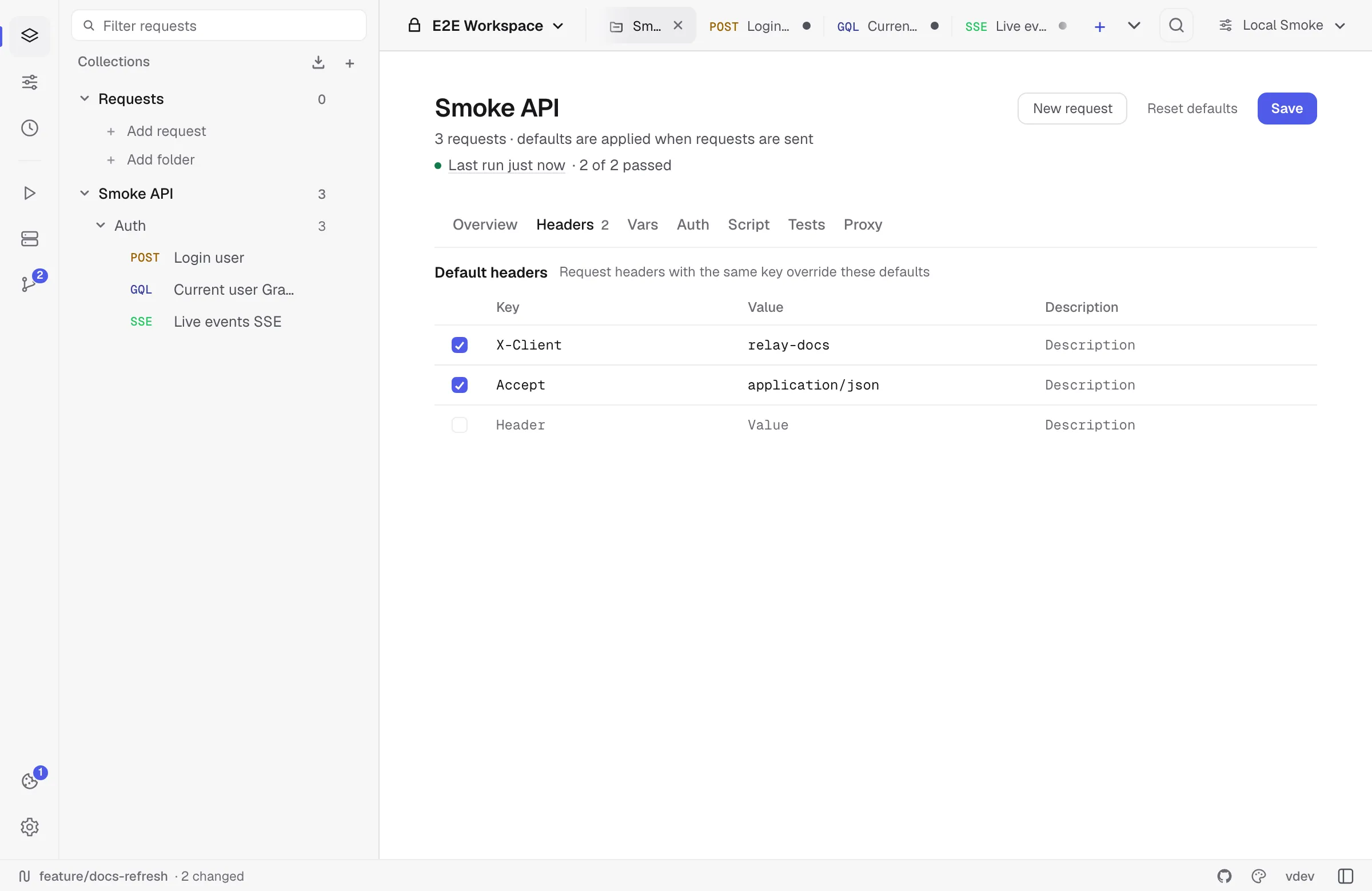 Collection settings with reusable default HTTP headers