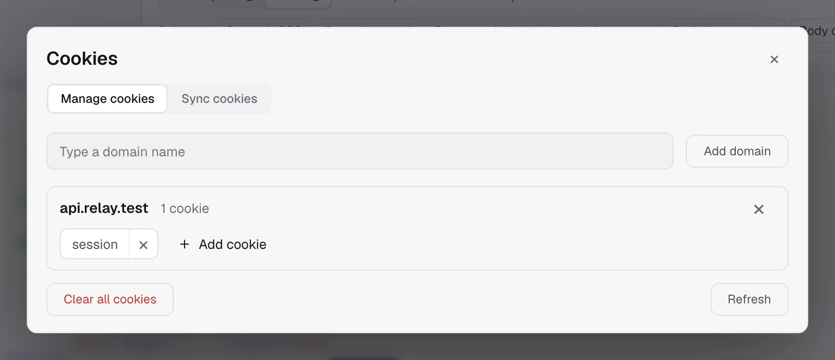 Cookie jar modal with a saved domain cookie