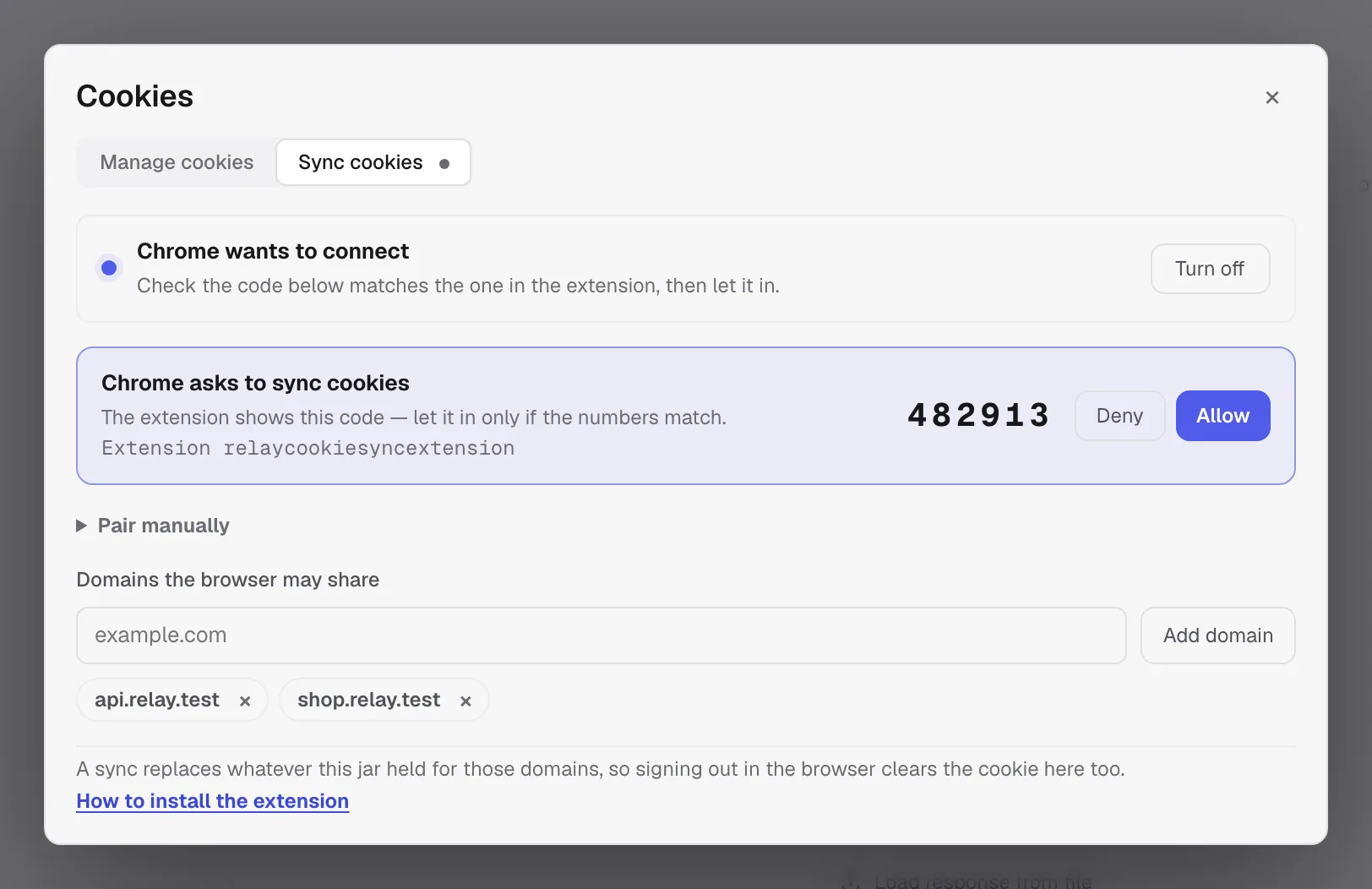Relay asking whether Chrome may sync cookies, with a code to match