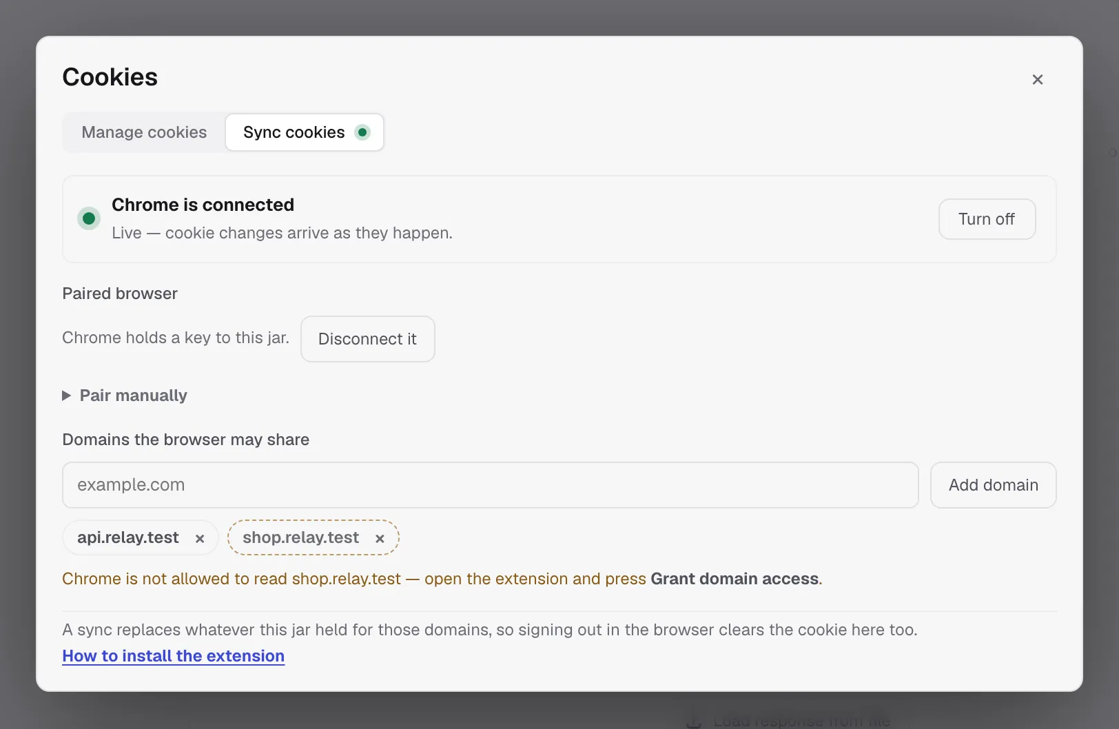 Sync Cookies tab connected to Chrome, showing two allowlisted domains and recent activity
