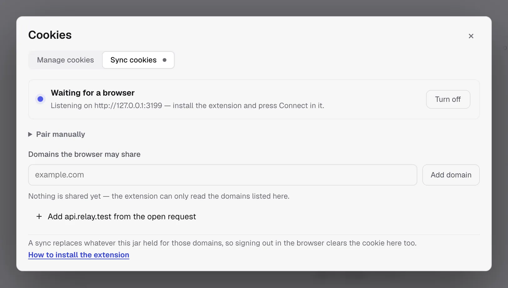 Sync Cookies tab waiting for a browser to connect