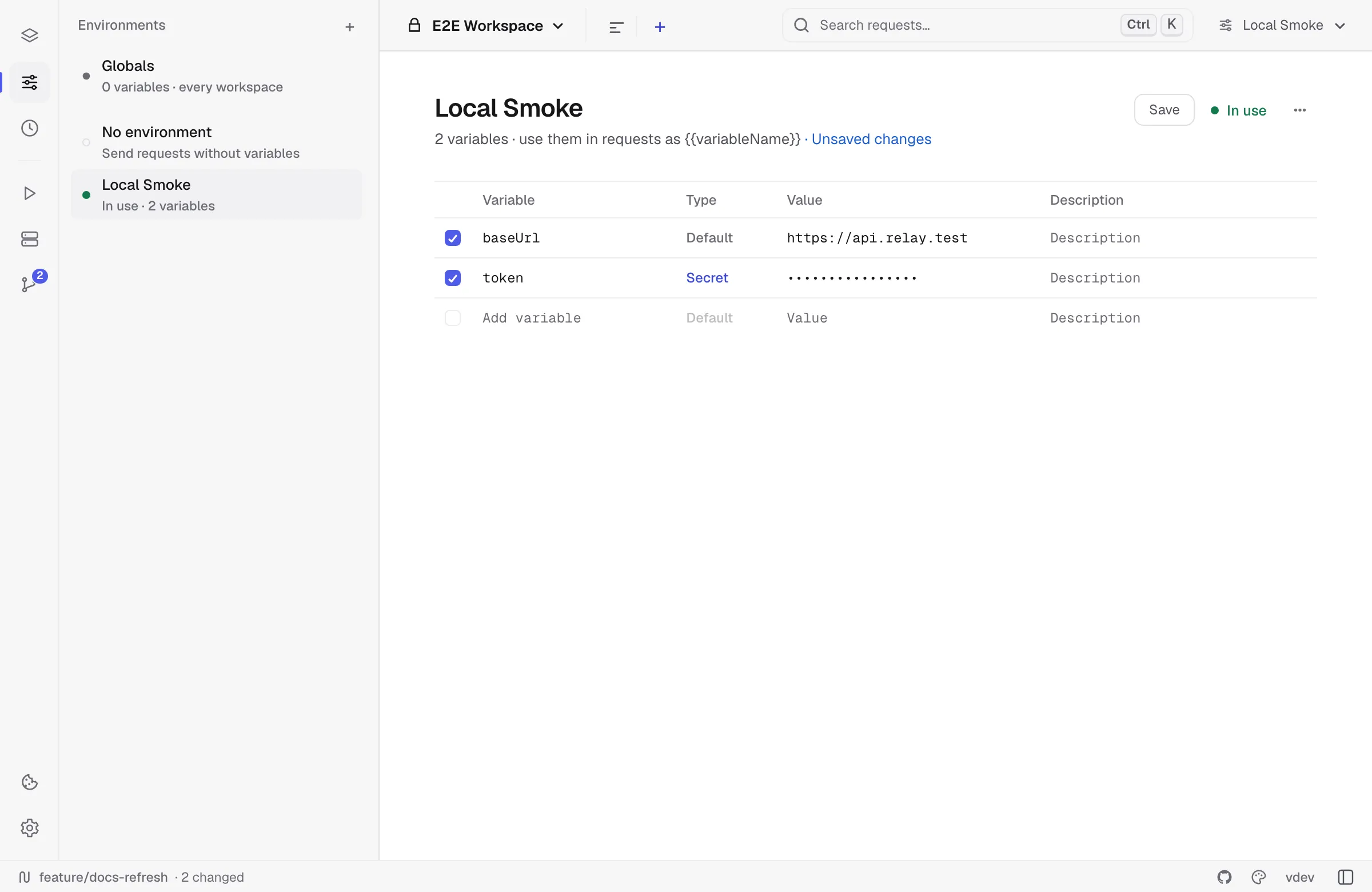 Environment editor with a base URL and masked secret token