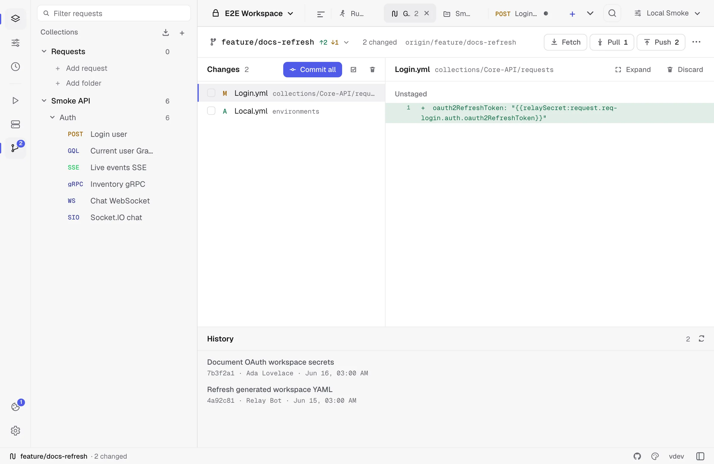 Git workspace tab with branch status, changed YAML files, and diff preview