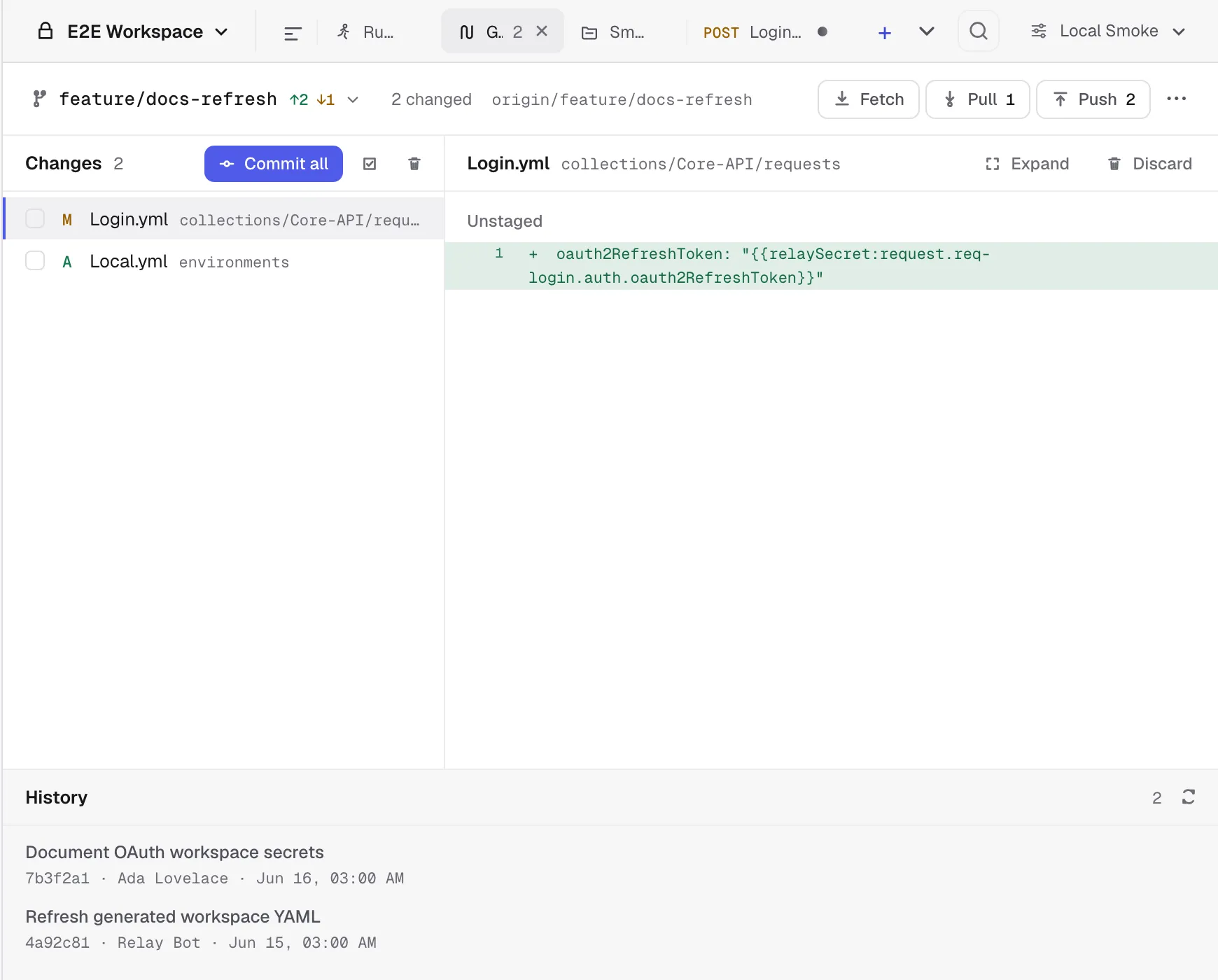 A Git-backed workspace with its changes listed in Relay