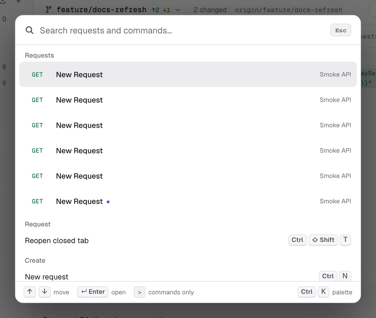 Command palette listing saved requests above the commands