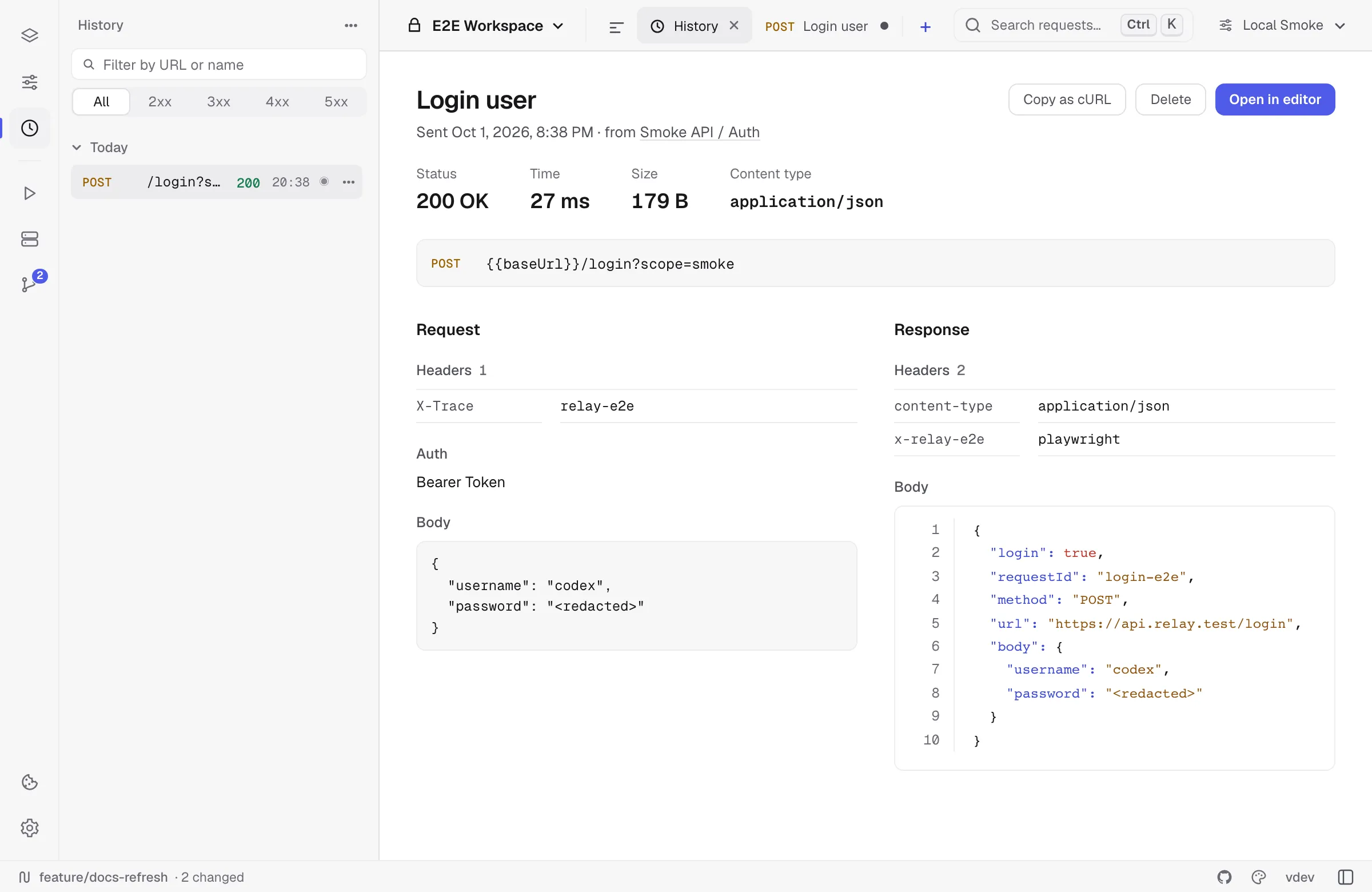 A history entry with its request and stored JSON response