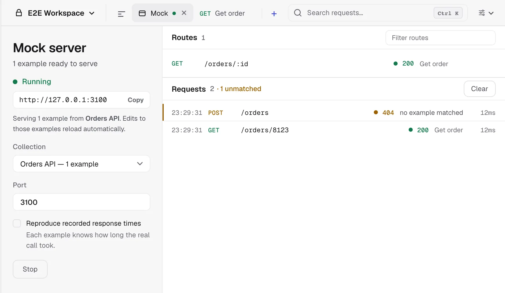 The Mock server panel serving a collection’s examples on localhost