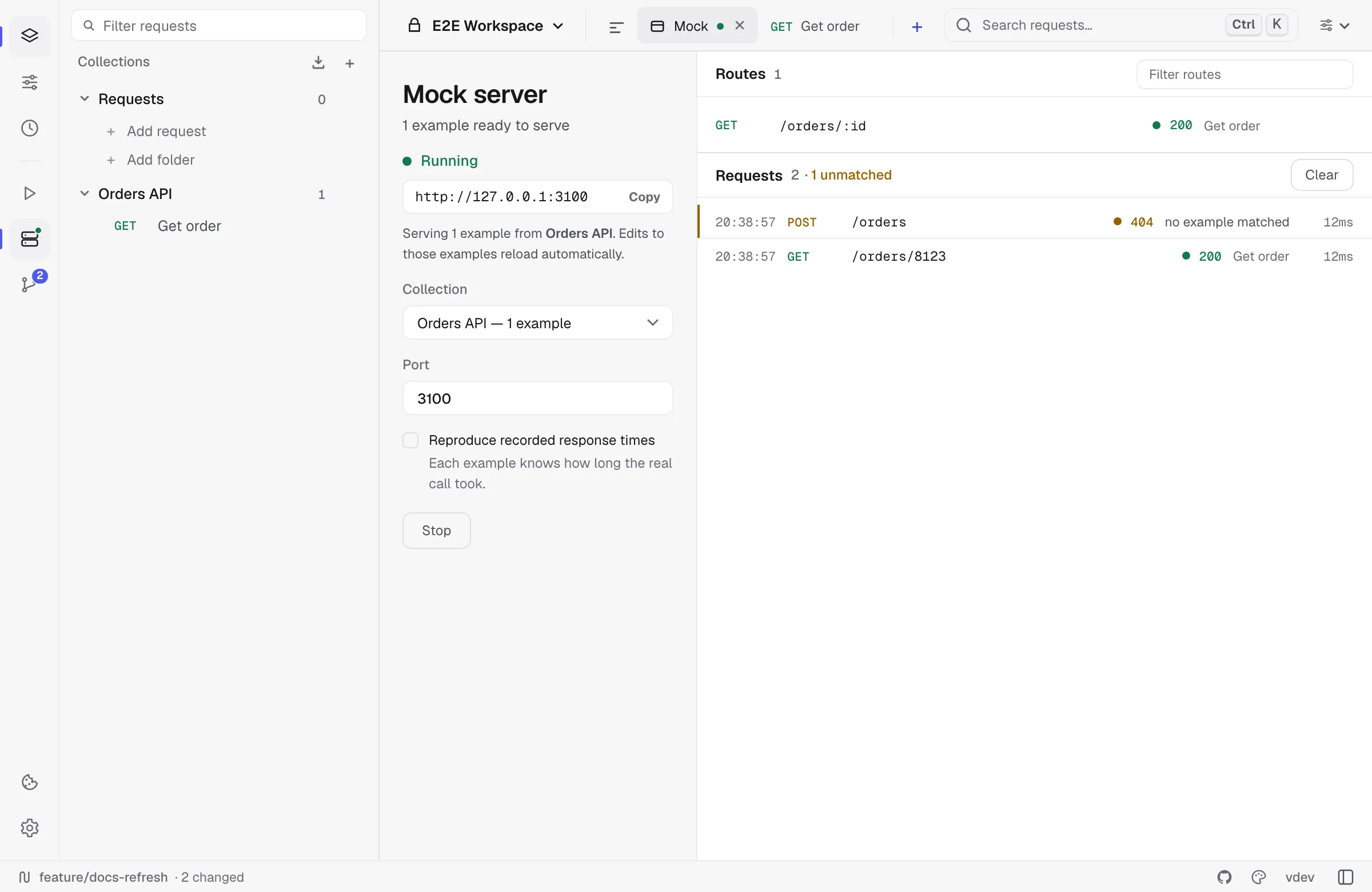 The mock server panel: running on port 3100, one route from a saved example, and a request log with one matched and one unmatched call