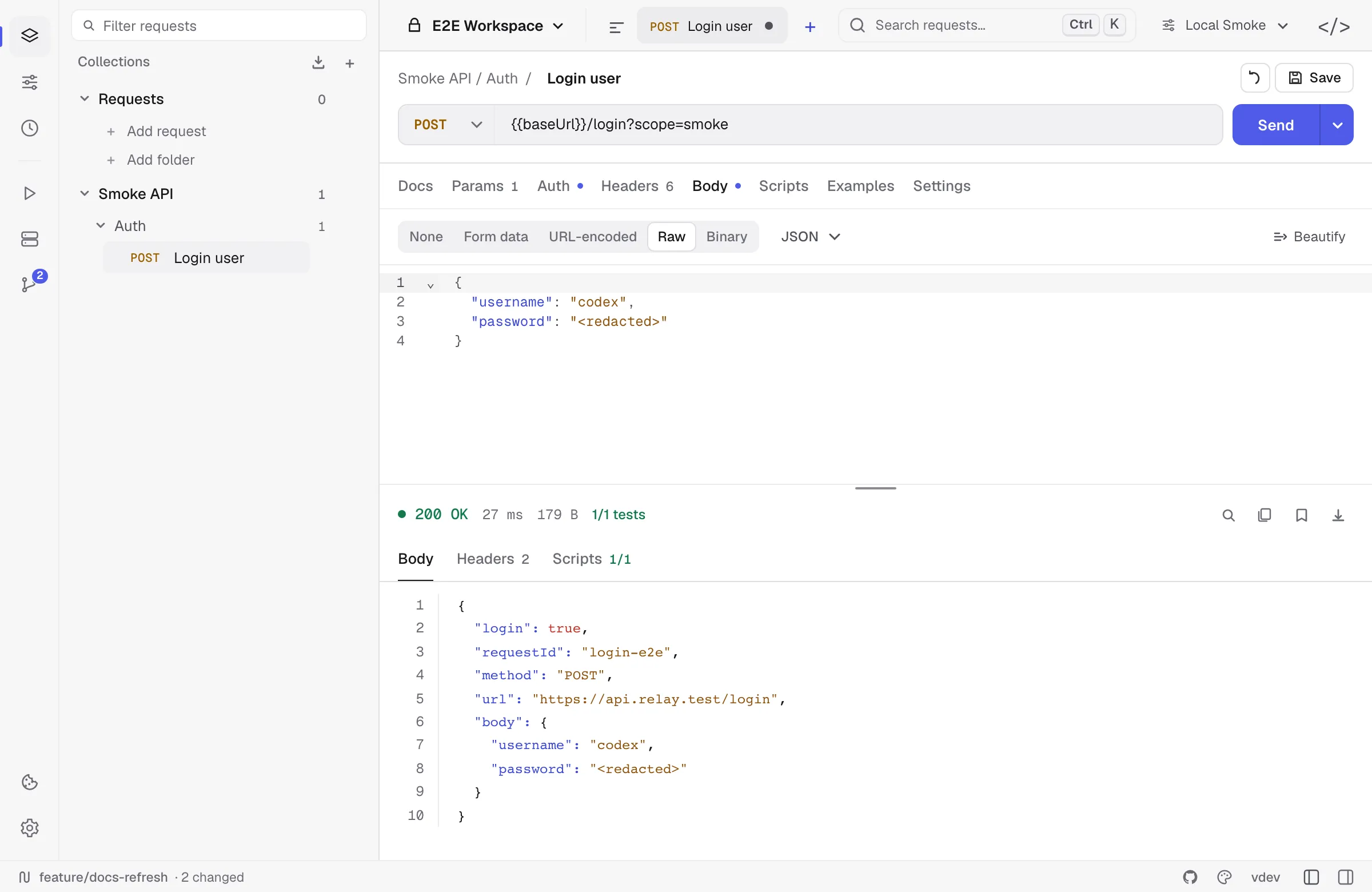 Relay with a saved request, its JSON body and the response it came back with