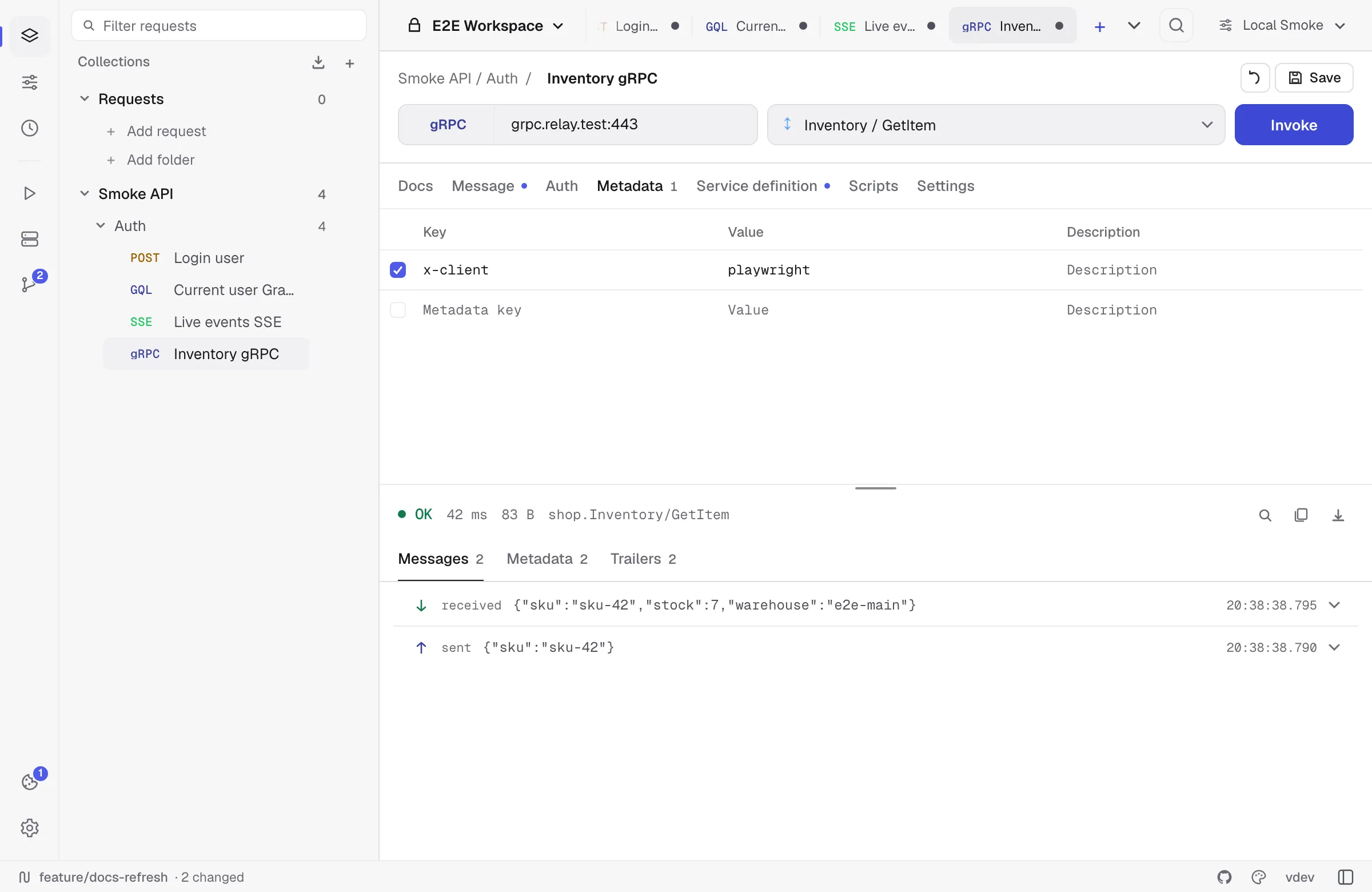 gRPC request with selected method and response messages