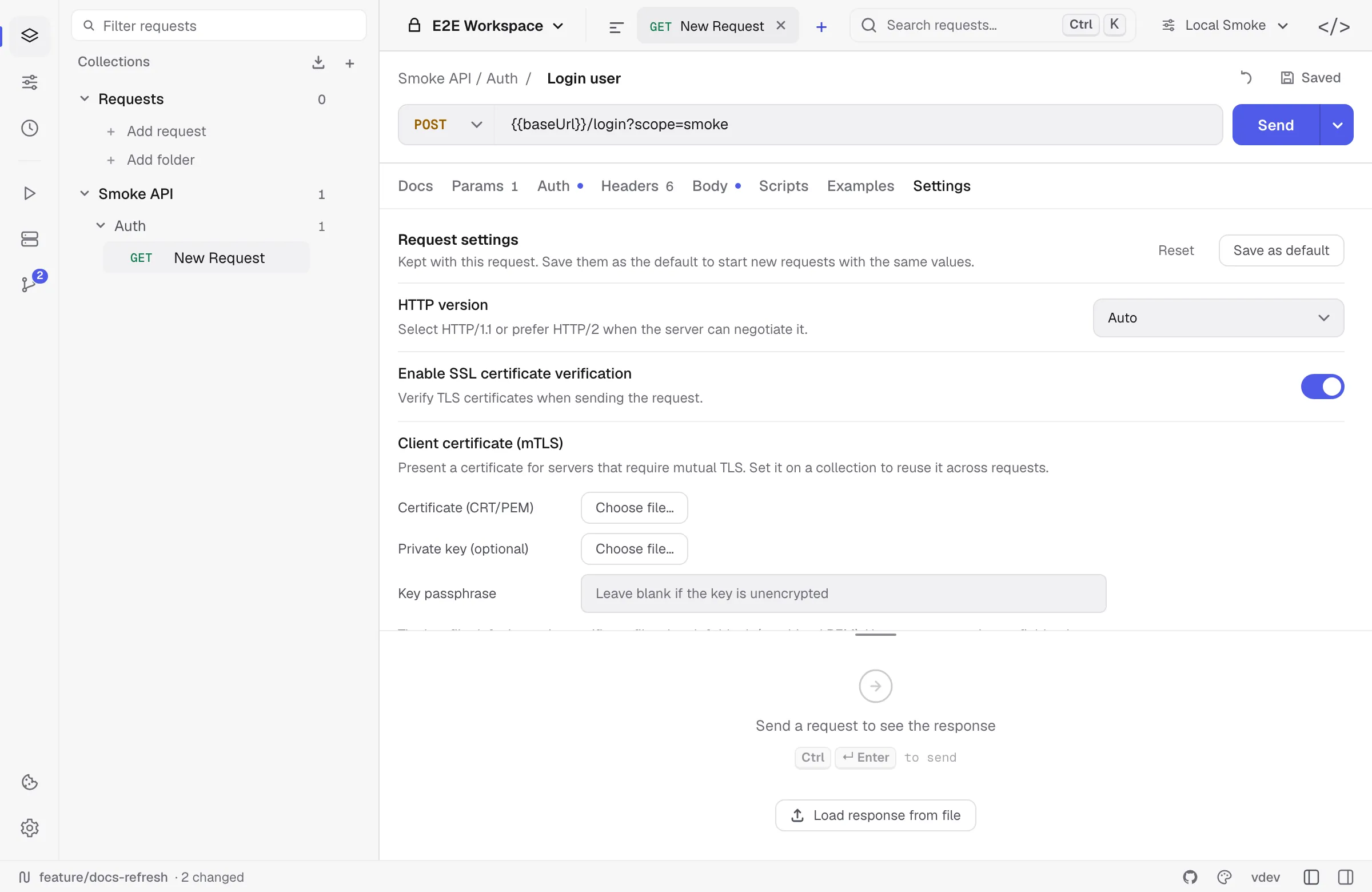 Request Settings tab with browser security and transport controls