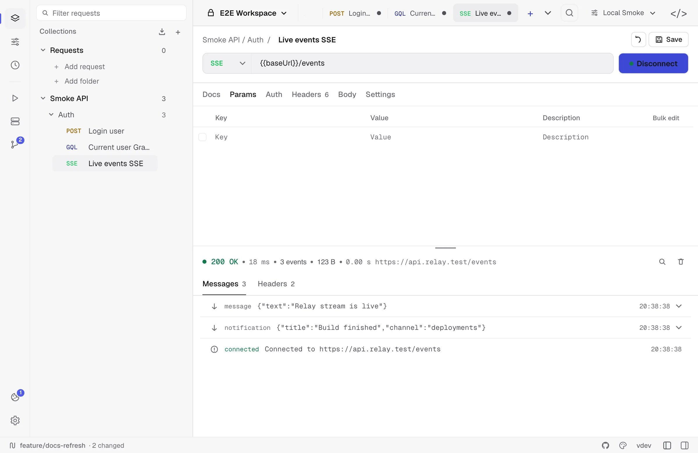 SSE request connected with incoming stream events