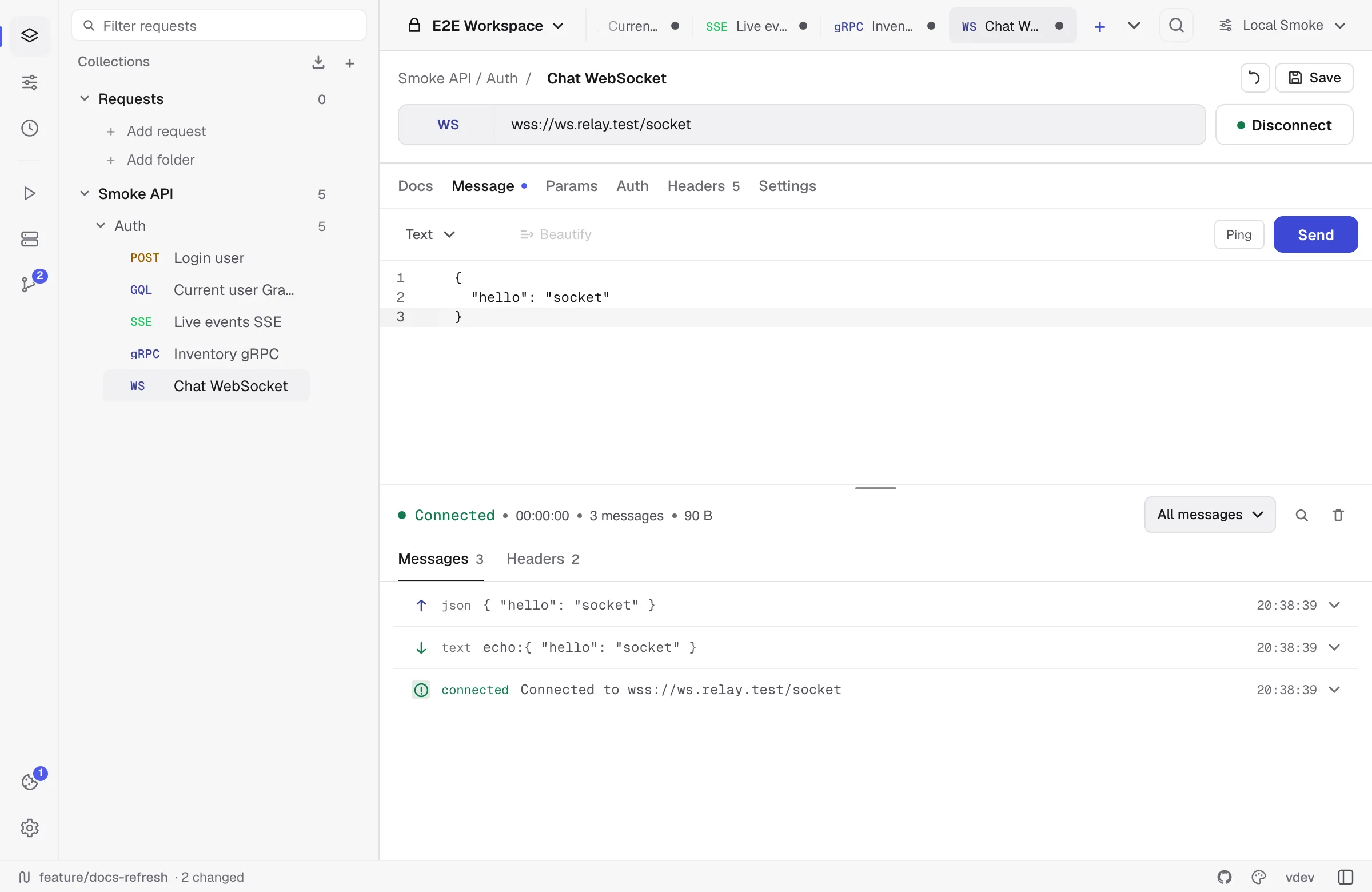 WebSocket request with sent payload and echoed frame