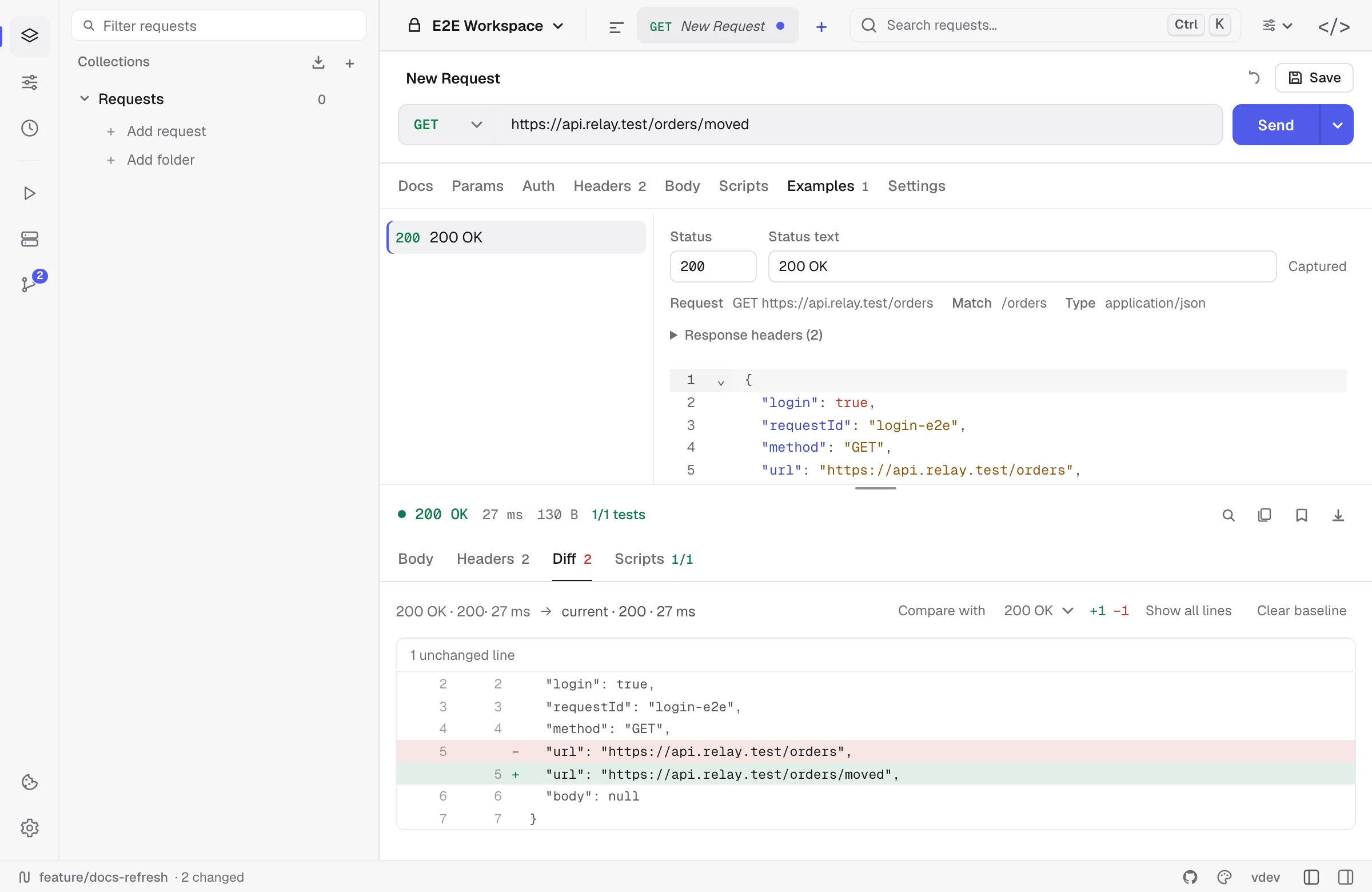 The Diff tab comparing a fresh response against a saved example chosen as the baseline