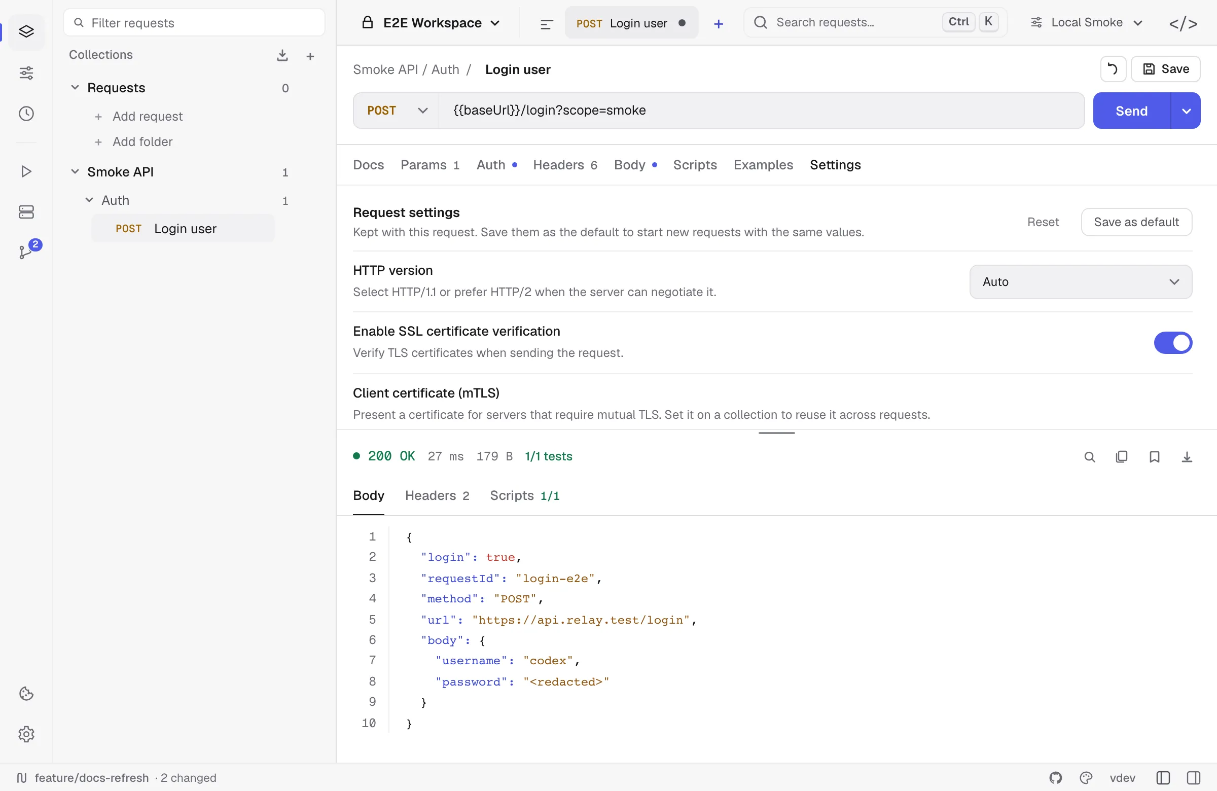 JSON response with status, timing, test count, and line numbers