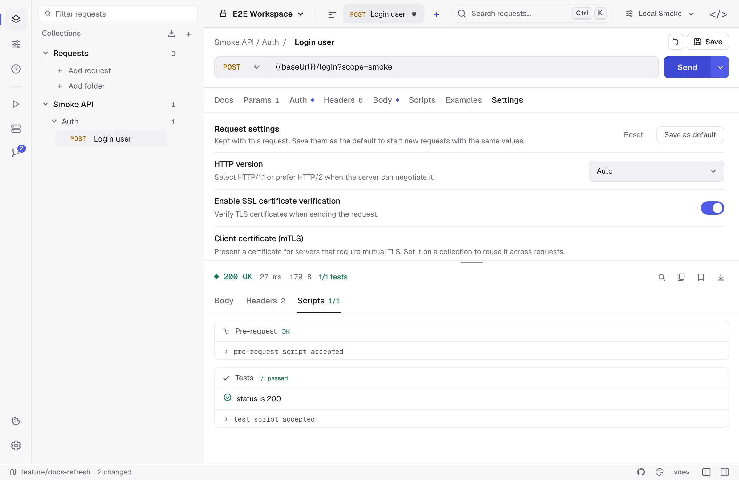 Passing test result and script output after an HTTP request