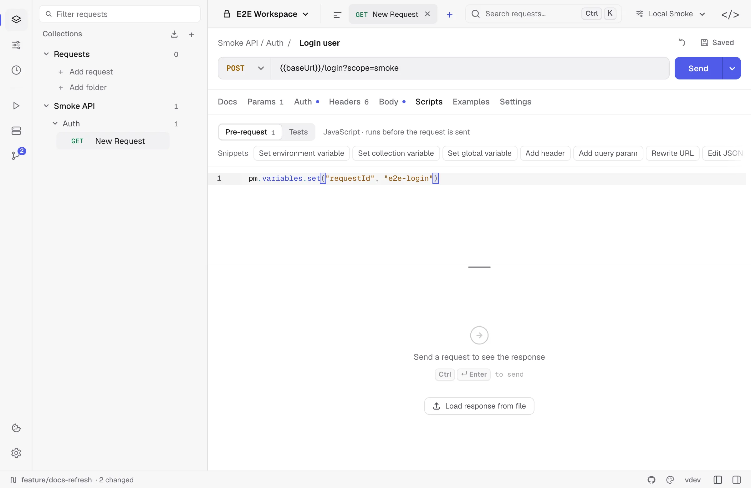 Pre-request JavaScript in the request Scripts tab