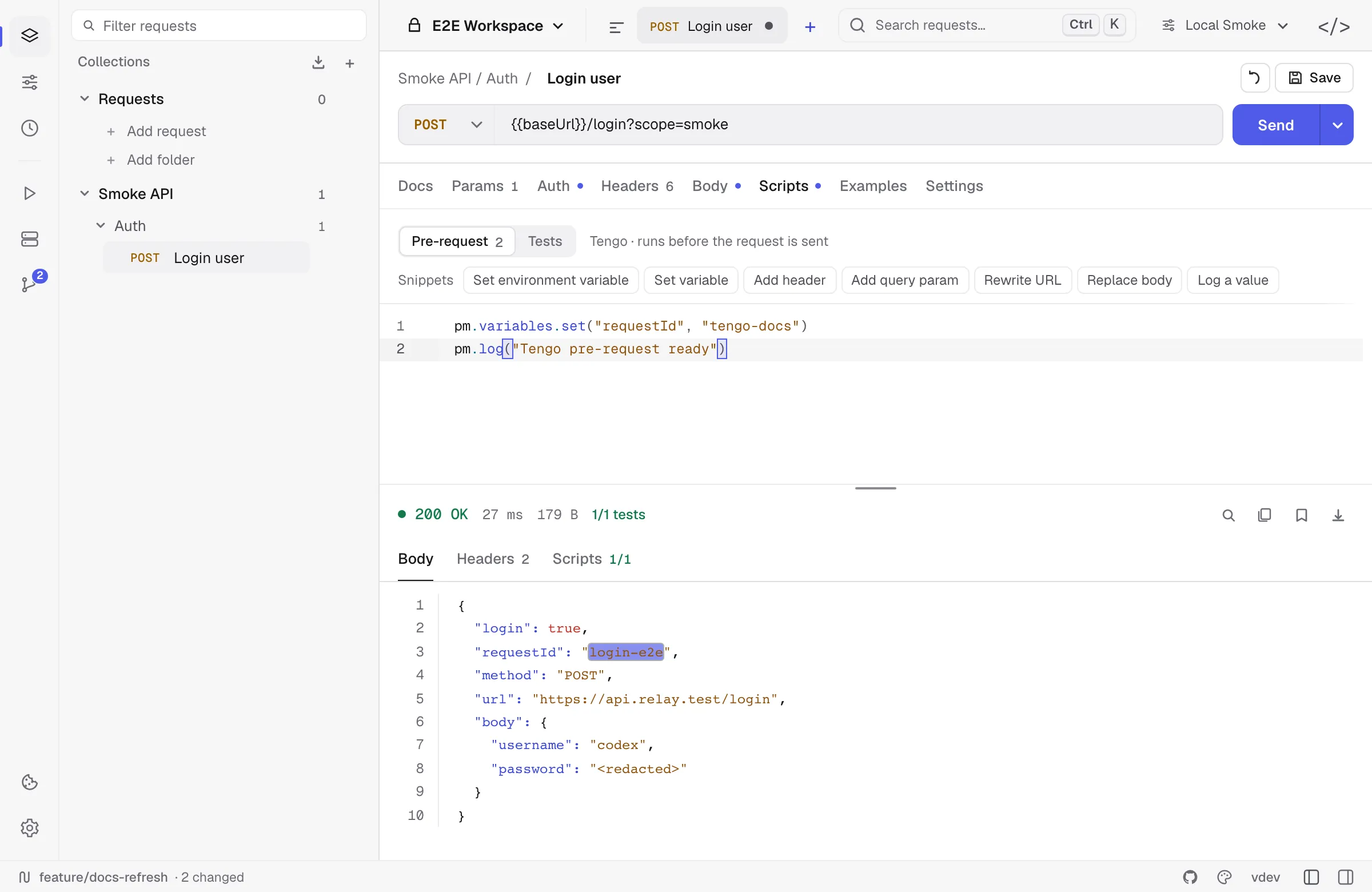 Legacy Tengo pre-request script in the request Scripts tab