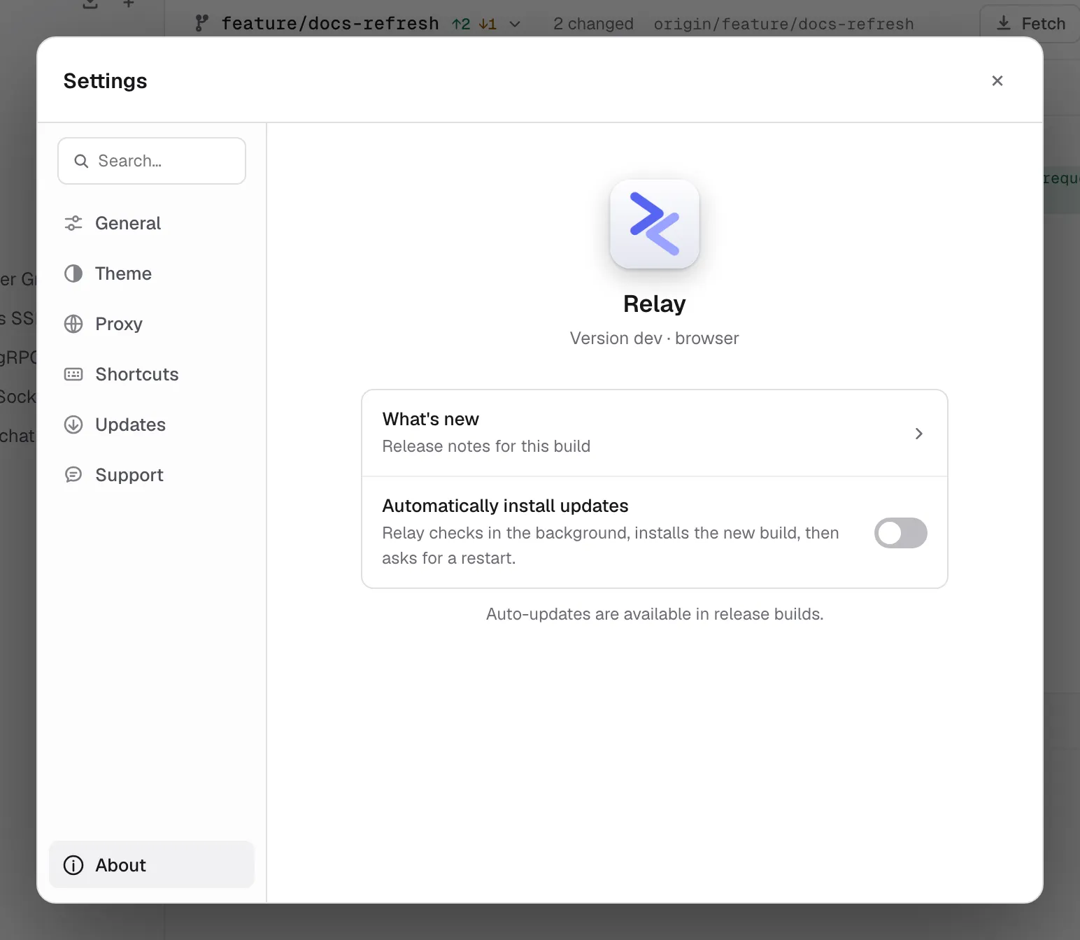 Settings → About showing the app version and runtime info
