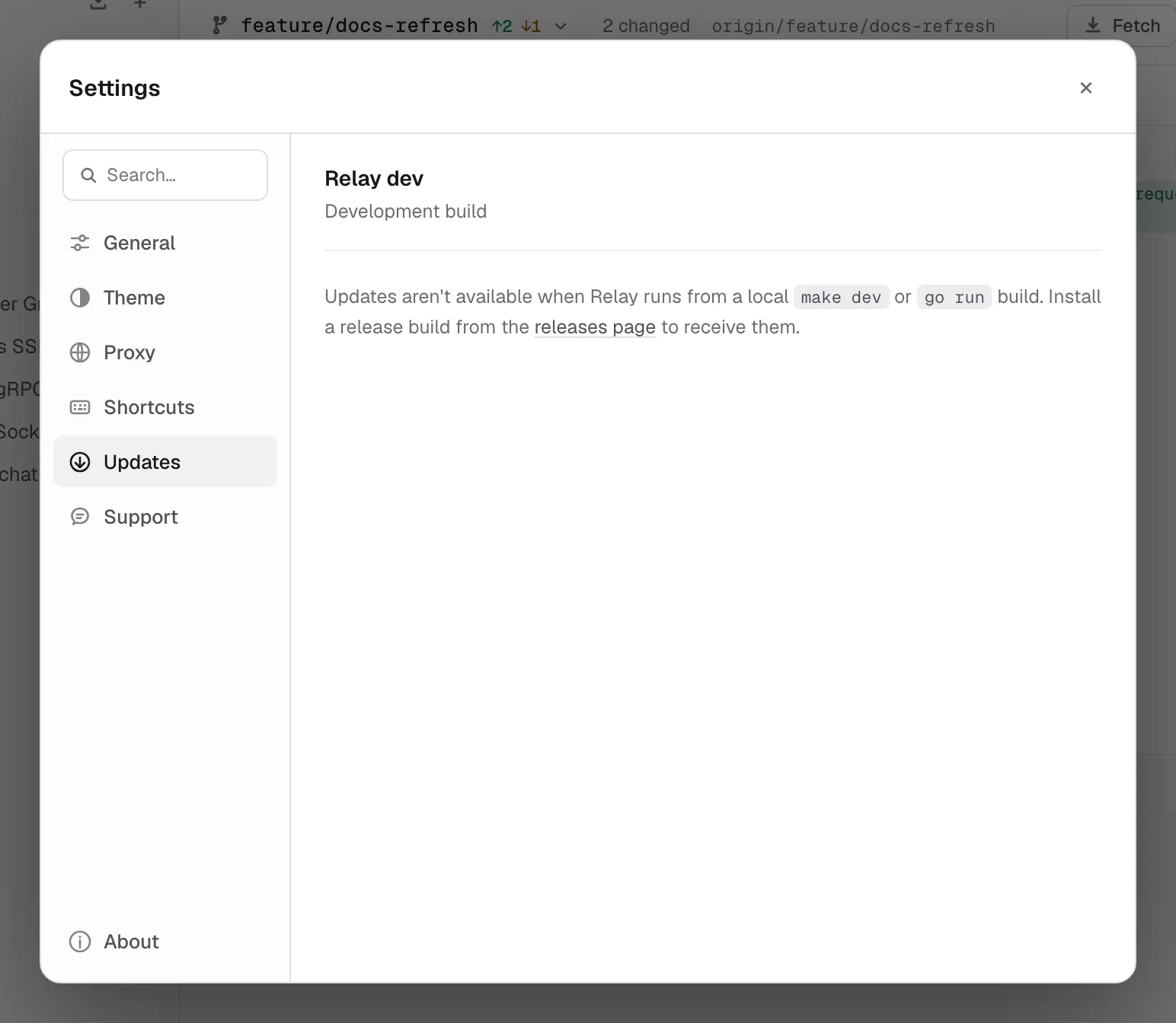 Settings → Updates in a development build