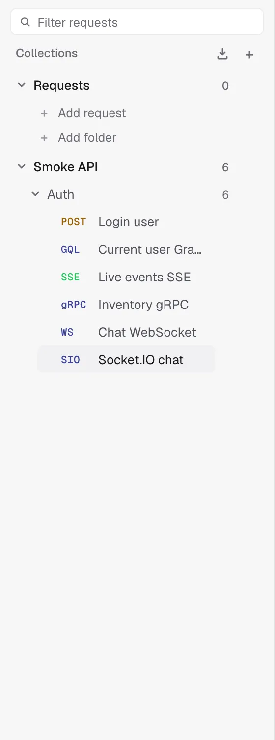 Sidebar tree — an empty collection shows inline Add request / Add folder prompts, while a populated collection shows its folders and requests